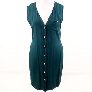 Vintage 80s 10 Button Down V-neck Dress Green